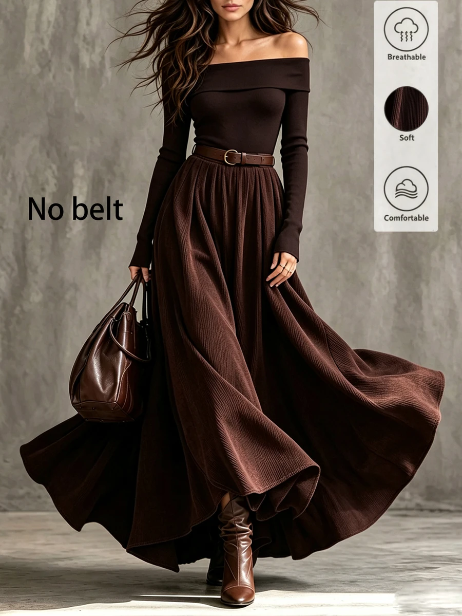 SHEIN Women's Fashion Commute Autumn/Winter 2 Pieces Set, Square Neck Top And Skirt Outfit, Brown, Suitable For Going Out And Office Wear Women's Set
