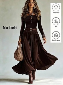 SHEIN Women's Fashion Commute Autumn/Winter 2 Pieces Set, Square Neck Top And Skirt Outfit, Brown, Suitable For Going Out And Office Wear Women's Set - Brown - View 6