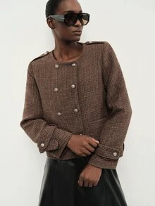 Aveloria Modichic Jaket Wanita Lengan Panjang Berkerah Bulat dengan Hiasan Kancing, Gaya Vintage Prancis, Elegan, Serbaguna, Cocok untuk Kantor, Warna Cokelat Kopi, dan Musim Gugur. - MultiWarna - View 3