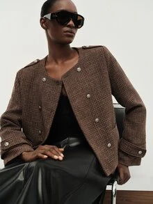 Aveloria Modichic Jaket Wanita Lengan Panjang Berkerah Bulat dengan Hiasan Kancing, Gaya Vintage Prancis, Elegan, Serbaguna, Cocok untuk Kantor, Warna Cokelat Kopi, dan Musim Gugur. - MultiWarna - View 4