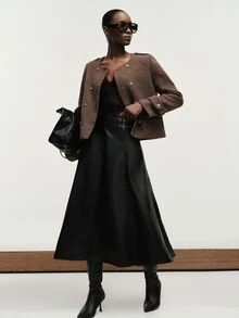Aveloria Modichic Jaket Wanita Lengan Panjang Berkerah Bulat dengan Hiasan Kancing, Gaya Vintage Prancis, Elegan, Serbaguna, Cocok untuk Kantor, Warna Cokelat Kopi, dan Musim Gugur. - MultiWarna - View 6