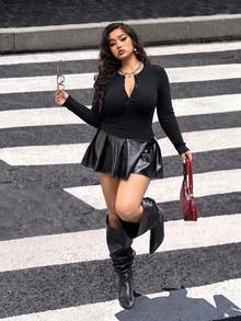 SHEIN CURVE+ Plus Size Casual Solid Color Long Sleeve Button T-Shirt, Comfortable Black Top For Autumn Outings, Suitable For Plus Size 5XL-8XL Fall - Black - View 7