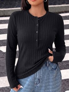 SHEIN CURVE+ Plus Size Casual Solid Color Long Sleeve Button T-Shirt, Comfortable Black Top For Autumn Outings, Suitable For Plus Size 5XL-8XL Fall - Black - View 5