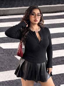 SHEIN CURVE+ Plus Size Casual Solid Color Long Sleeve Button T-Shirt, Comfortable Black Top For Autumn Outings, Suitable For Plus Size 5XL-8XL Fall - Black - View 4