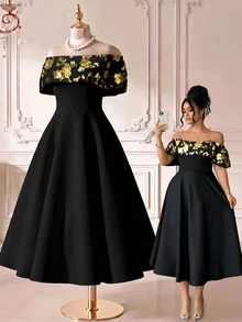 Rometta Gaun Malam Wanita Ukuran Plus Model Bahu Terbuka Warna Hitam dan Emas Pinggang Tinggi Model A-Line Satin Matte Panjang Sedang untuk Makan Malam, Kencan, Pesta, Koktail, Halloween - Hitam - View 1