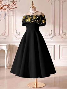 Rometta Gaun Malam Wanita Ukuran Plus Model Bahu Terbuka Warna Hitam dan Emas Pinggang Tinggi Model A-Line Satin Matte Panjang Sedang untuk Makan Malam, Kencan, Pesta, Koktail, Halloween - Hitam - View 7