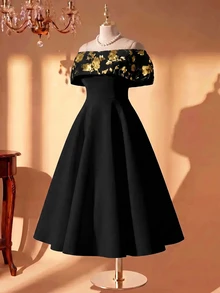 Rometta Gaun Malam Wanita Ukuran Plus Model Bahu Terbuka Warna Hitam dan Emas Pinggang Tinggi Model A-Line Satin Matte Panjang Sedang untuk Makan Malam, Kencan, Pesta, Koktail, Halloween - Hitam - View 4