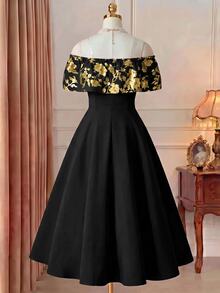 Rometta Gaun Malam Wanita Ukuran Plus Model Bahu Terbuka Warna Hitam dan Emas Pinggang Tinggi Model A-Line Satin Matte Panjang Sedang untuk Makan Malam, Kencan, Pesta, Koktail, Halloween - Hitam - View 2