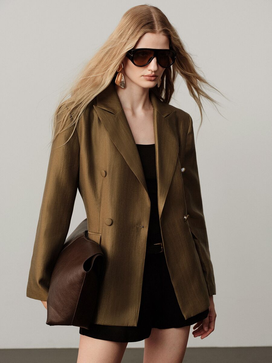 Aveloria Modichic A High-End, Minimalist, And Elegant "Old Money" Style Work Blazer For Early Autumn, Featuring A Lapel Design And A Fabric With A Premium Golden Sheen. - Brown - View 1