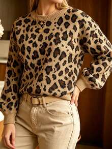 Linhara CURVE Plus Size Women's Autumn/Winter Round Neck Lantern Sleeve Leopard Print Sweater, Classic Casual Style Pullover Top, Suitable For Daily Wear, Outings And Other Occasions - Brown - View 6