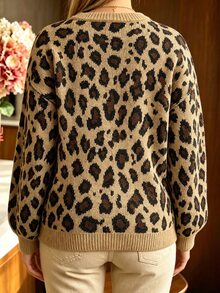 Linhara CURVE Plus Size Women's Autumn/Winter Round Neck Lantern Sleeve Leopard Print Sweater, Classic Casual Style Pullover Top, Suitable For Daily Wear, Outings And Other Occasions - Brown - View 3