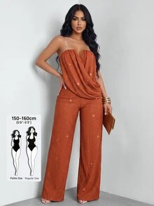 SOLERSUN Women's Elegant Party Strapless Ruched Draped Wide Leg Jumpsuit, High Elasticity Textured Shiny Party Fashion Elegant Commute - Rust Brown - View 6