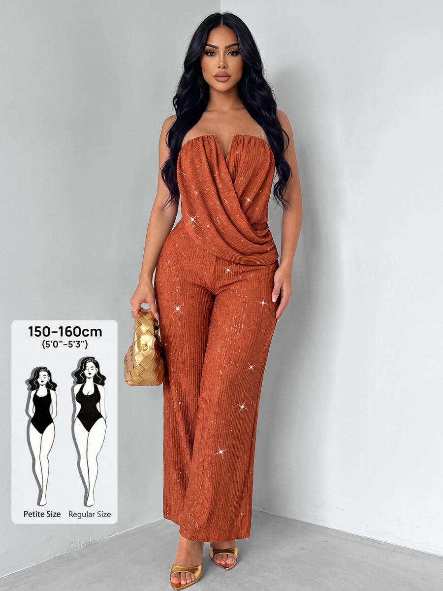 SOLERSUN Women's Elegant Party Strapless Ruched Draped Wide Leg Jumpsuit, High Elasticity Textured Shiny Party Fashion Elegant Commute - Rust Brown - View 1