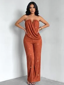 SOLERSUN Women's Elegant Party Strapless Ruched Draped Wide Leg Jumpsuit, High Elasticity Textured Shiny Party Fashion Elegant Commute - Rust Brown - View 4