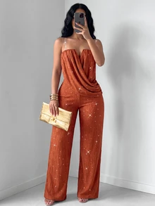 SOLERSUN Women's Elegant Party Strapless Ruched Draped Wide Leg Jumpsuit, High Elasticity Textured Shiny Party Fashion Elegant Commute - Rust Brown - View 3
