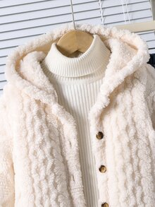SHEIN 女童新款秋冬保暖柔軟菱格紋提花抓絨連帽收口長袖外套，適合外出、返校、戶外及日常穿著 - 杏色 - 查看 6
