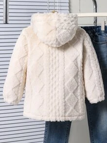 SHEIN 女童新款秋冬保暖柔軟菱格紋提花抓絨連帽收口長袖外套，適合外出、返校、戶外及日常穿著 - 杏色 - 查看 3