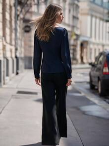 Anewsta Early Autumn New Solid Color Boat Neck Waist-Split Gathered Design Versatile Elegant Long Sleeve Women's Top - Navy Blue - View 2