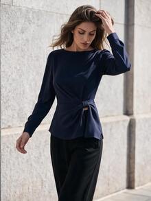 Anewsta Early Autumn New Solid Color Boat Neck Waist-Split Gathered Design Versatile Elegant Long Sleeve Women's Top - Navy Blue - View 3