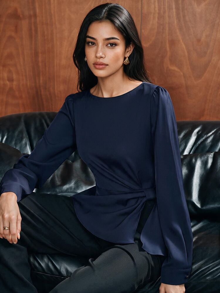 Anewsta Early Autumn New Solid Color Boat Neck Waist-Split Gathered Design Versatile Elegant Long Sleeve Women's Top - Navy Blue - View 7