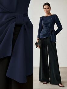 Anewsta Early Autumn New Solid Color Boat Neck Waist-Split Gathered Design Versatile Elegant Long Sleeve Women's Top - Navy Blue - View 1