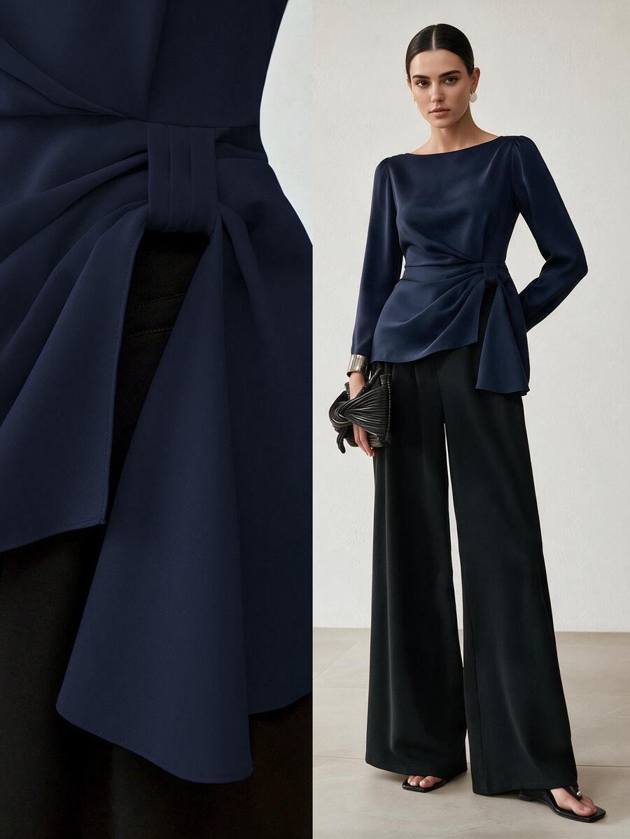 Anewsta Early Autumn New Solid Color Boat Neck Waist-Split Gathered Design Versatile Elegant Long Sleeve Women's Top - Navy Blue - View 1