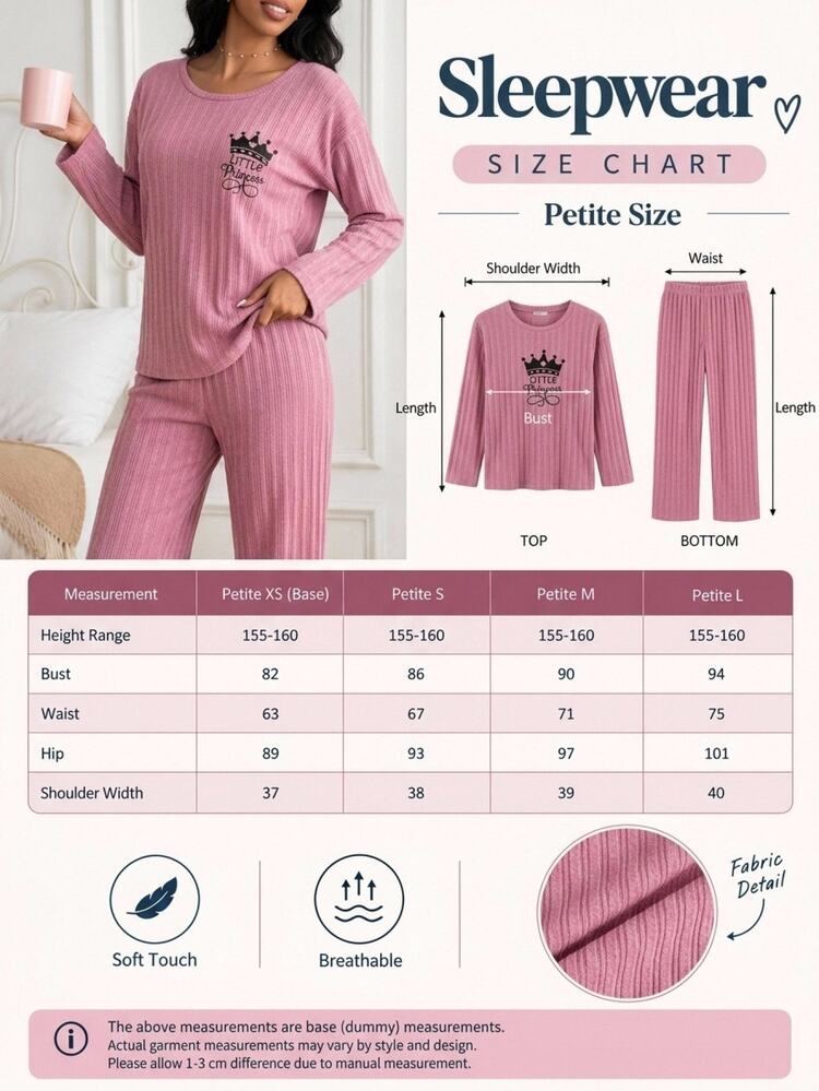 SHEIN قطعتان من قمصان نسائية بحجم صغير باللون الوردي المغبر، محبوكة بأضلاع، مطبوعة بشعار وحروف، بياقة دائرية وأكمام طويلة، مناسبة للاسترخاء في الربيع، لطيفة وكاجوال - وردي - مشاهدة 7