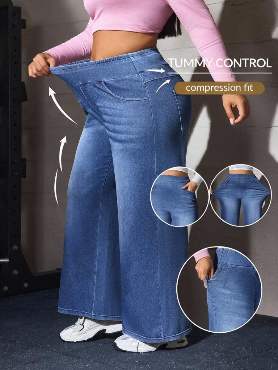 Flexra Fall Business Straight Leg Stretchy Denim Going Out Washed Comfortable Plus Size Jeans For Women - Blue - View 1