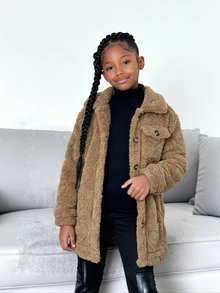 SHEIN Genkimix Kids 女童嬰兒白色愛心抓絨外套，優雅西式中長版翻領長袖大衣，秋季新款 - 棕色 - 查看 3