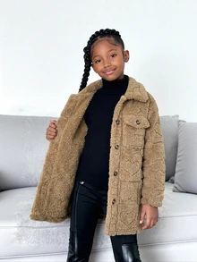 SHEIN Genkimix Kids 女童嬰兒白色愛心抓絨外套，優雅西式中長版翻領長袖大衣，秋季新款 - 棕色 - 查看 4