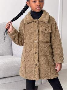 SHEIN Genkimix Kids 女童嬰兒白色愛心抓絨外套，優雅西式中長版翻領長袖大衣，秋季新款 - 棕色 - 查看 5
