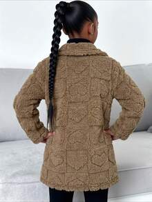 SHEIN Genkimix Kids 女童嬰兒白色愛心抓絨外套，優雅西式中長版翻領長袖大衣，秋季新款 - 棕色 - 查看 2