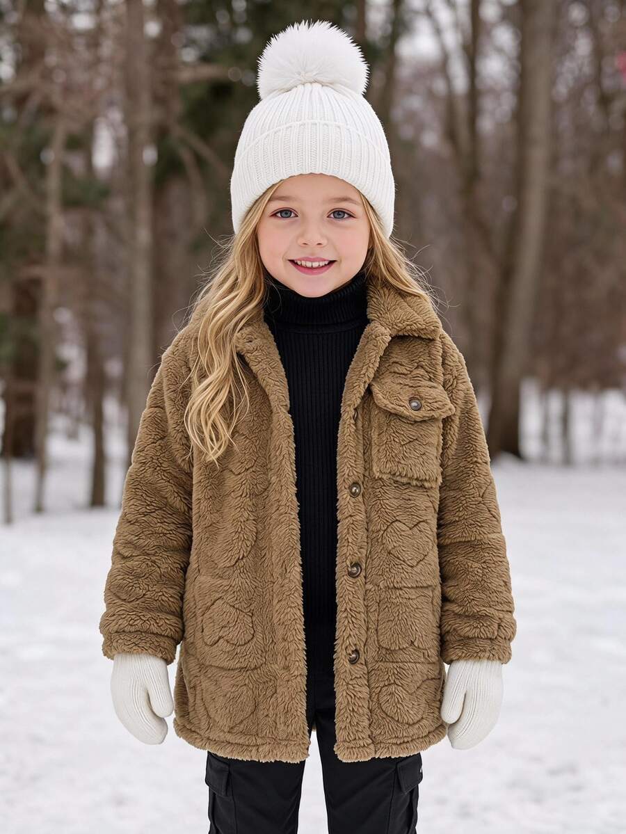 SHEIN Genkimix Kids 女童嬰兒白色愛心抓絨外套,優雅西式中長版翻領長袖大衣,秋季新款 - 棕色 - 查看 1
