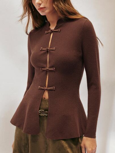 SHEIN Women's Top Slim Fit Knit Chinese Frog Button Stand Collar Split Hem Vintage Retro 90s Inspired Elegant Neo-Chinese Coffee Brown Solid Autumn Dinner