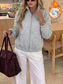 Easowa Women's Light Grey Thermal Lined Zip-Up Sweatshirt Jacket With Elastic Hem And Long Sleeves Everyday Work Winter Basics Casual Fleece-Lined - Grey - View 6