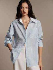 Anewsta Essential Women's Striped Long Sleeve Single-Breasted Casual Pocket Shirt - Blue - View 6