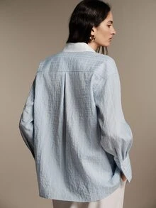 Anewsta Essential Women's Striped Long Sleeve Single-Breasted Casual Pocket Shirt - Blue - View 2