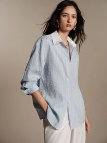 Anewsta Essential Women's Striped Long Sleeve Single-Breasted Casual Pocket Shirt - Blue - View 7