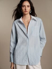 Anewsta Essential Women's Striped Long Sleeve Single-Breasted Casual Pocket Shirt - Blue - View 8