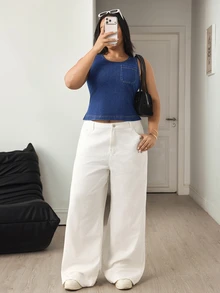 Flexra Summer Casual Cargo Business Loose Denim Going Out Vacation Party Washed Comfortable Plus Size Denim Top For Women Navy Blue - Dark Wash - View 4