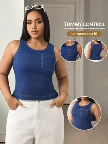 Flexra Summer Casual Cargo Business Loose Denim Going Out Vacation Party Washed Comfortable Plus Size Denim Top For Women Navy Blue - Dark Wash - View 5