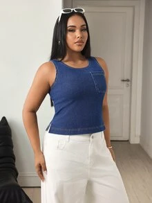 Flexra Summer Casual Cargo Business Loose Denim Going Out Vacation Party Washed Comfortable Plus Size Denim Top For Women Navy Blue - Dark Wash - View 7