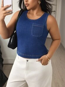 Flexra Summer Casual Cargo Business Loose Denim Going Out Vacation Party Washed Comfortable Plus Size Denim Top For Women Navy Blue - Dark Wash - View 6