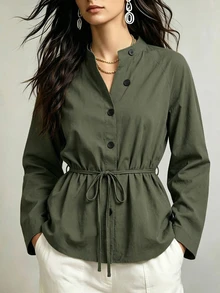 Breezaya Women's Solid Color Long Sleeve Stand Collar Blouse Office Olive Green Fall Casual - Olive Green - View 6