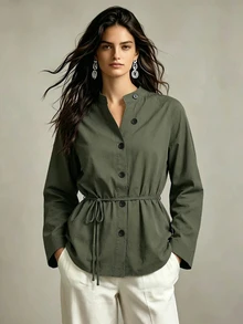 Breezaya Women's Solid Color Long Sleeve Stand Collar Blouse Office Olive Green Fall Casual - Olive Green - View 4