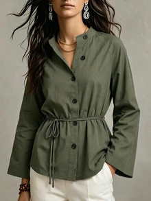 Breezaya Women's Solid Color Long Sleeve Stand Collar Blouse Office Olive Green Fall Casual - Olive Green - View 5