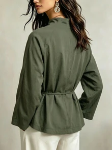 Breezaya Women's Solid Color Long Sleeve Stand Collar Blouse Office Olive Green Fall Casual - Olive Green - View 2