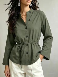 Breezaya Women's Solid Color Long Sleeve Stand Collar Blouse Office Olive Green Fall Casual - Olive Green - View 3