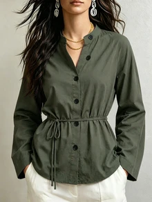 Breezaya Women's Solid Color Long Sleeve Stand Collar Blouse Office Olive Green Fall Casual - Olive Green - View 1