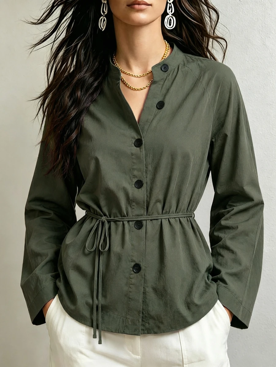 Breezaya Women's Solid Color Long Sleeve Stand Collar Blouse Office Olive Green Fall Casual - Olive Green - View 1